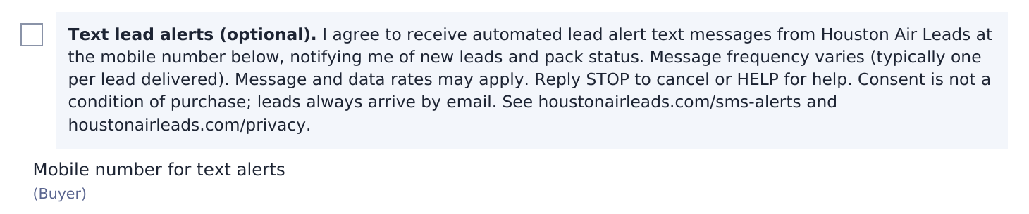 Order form opt-in: an unchecked box labeled Text lead alerts (optional), followed by the consent language and a field for the mobile number